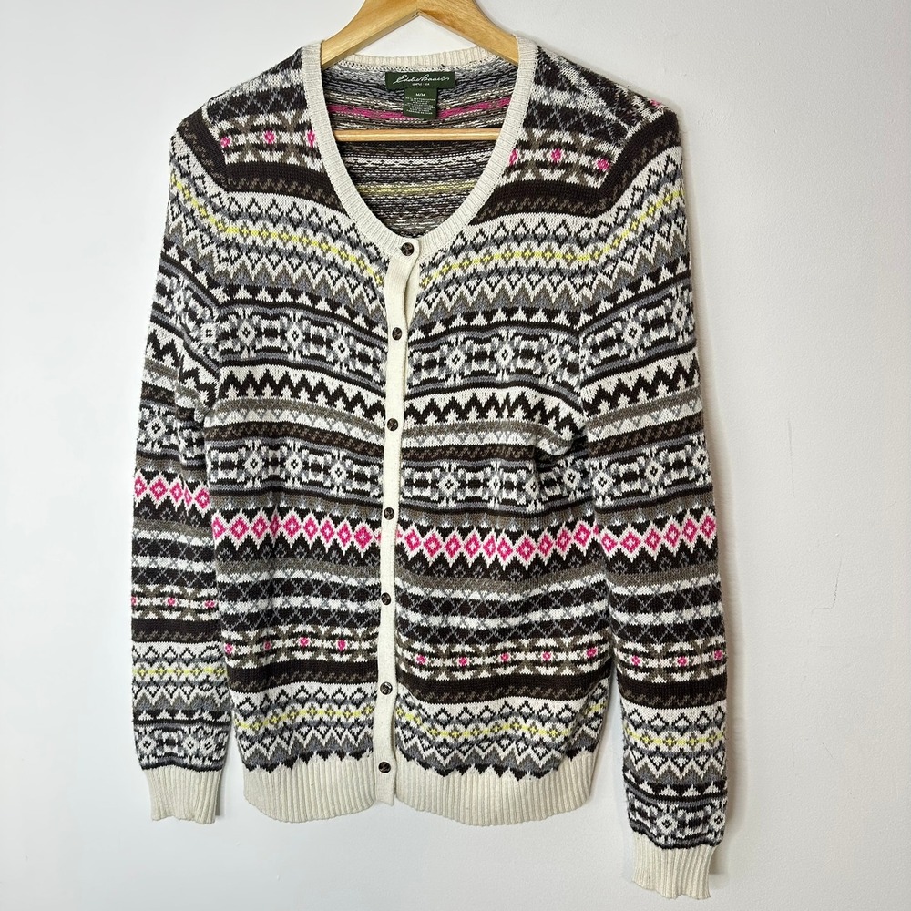 Eddie Bauer Womens‎ Cardigan Sweater Medium M Fair Isle Pattern Brown Pink Knit